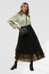 Layered Tulle Midi Skirt - Black
