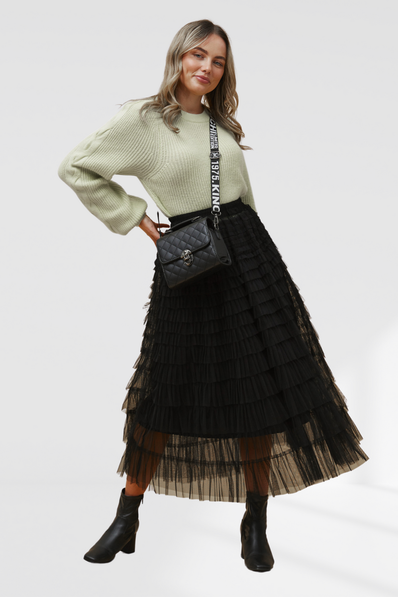 Layered Tulle Midi Skirt - Black