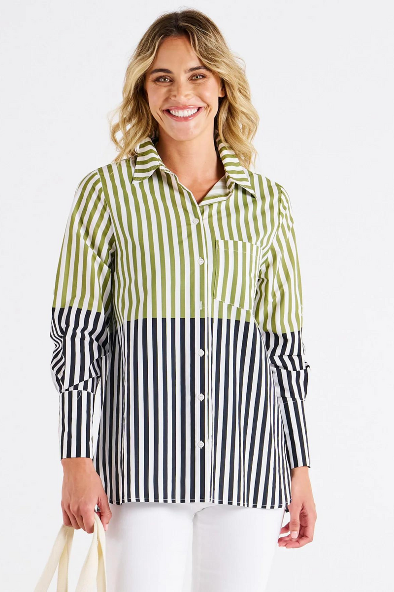 Camden Cotton Shirt - Pistachio/Black Stripe