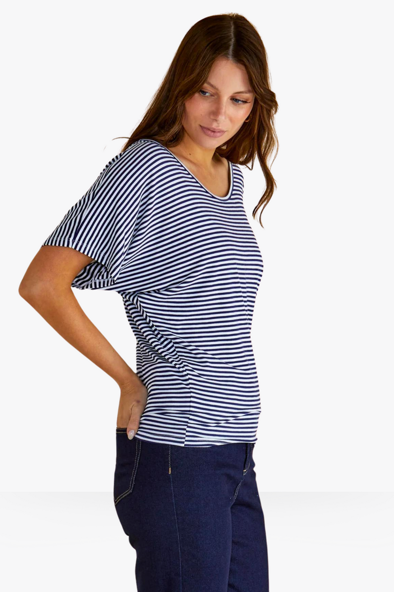 Maui Batwing Draped Basic Tee - Navy Blue/White Stripe
