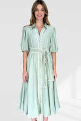 Lace Trim Godet Dress - Green