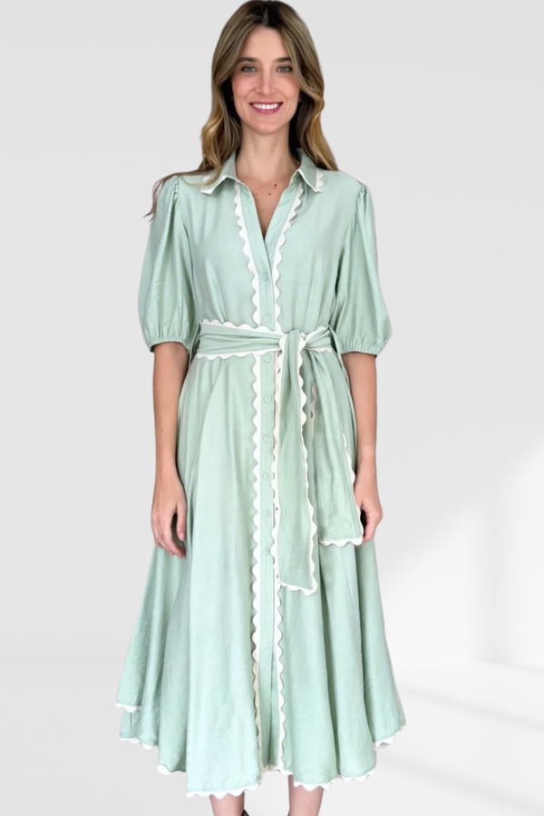 Lace Trim Godet Dress - Green