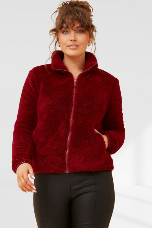 Taylee Zip Teddy Jacket - Rich Red
