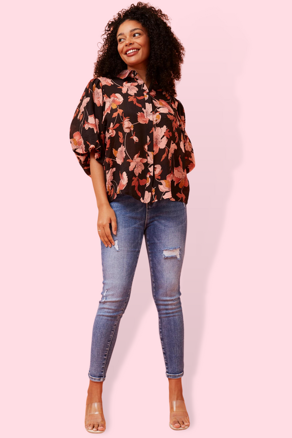 Libbie Puff Sleeve Shirt - Black/Orange Multi