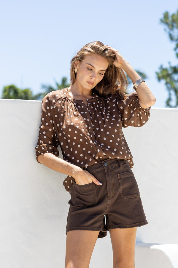 tencel polka dot multi buttton malta  top- 
chocolate/blush