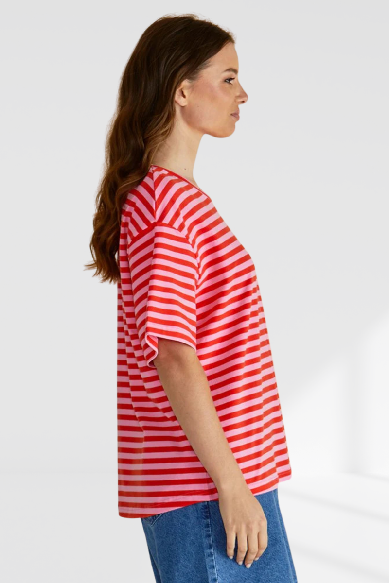 Relax Boxy Tee - Pink/Red Stripe