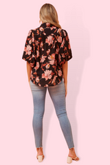 Libbie Puff Sleeve Shirt - Black/Orange Multi