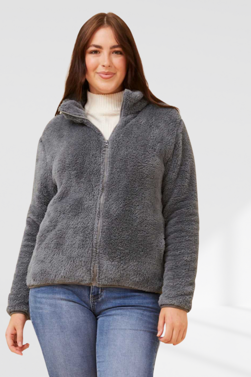 Taylee Zip Teddy Jacket -Pewter