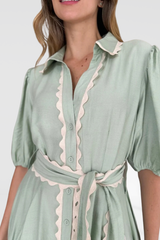 Lace Trim Godet Dress - Green