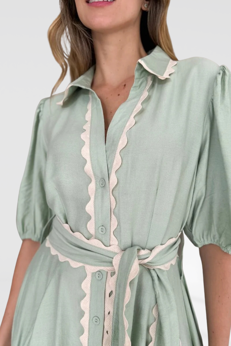 Lace Trim Godet Dress - Green