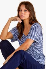 Maui Batwing Draped Basic Tee - Navy Blue/White Stripe