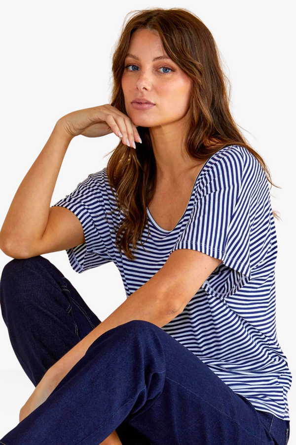 Maui Batwing Draped Basic Tee - Navy Blue/White Stripe