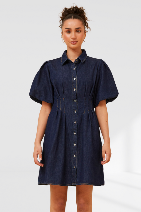 Sylvie Puff Sleeve Denim Dress- Dark Denim