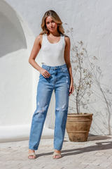 ripped rigid mom jeans - light blue