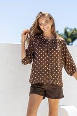tencel polka dot multi buttton malta  top- 
chocolate/blush