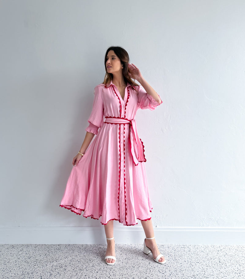 LACE TRIM GODET DRESS - PINK
