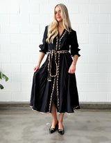 LACE TRIM GODET DRESS