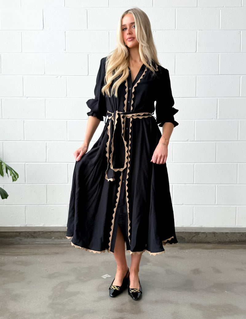 LACE TRIM GODET DRESS