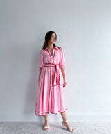LACE TRIM GODET DRESS - PINK