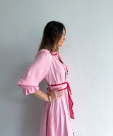LACE TRIM GODET DRESS - PINK