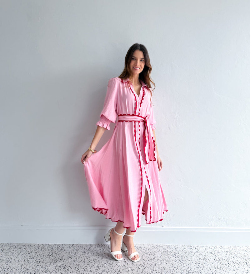 LACE TRIM GODET DRESS - PINK