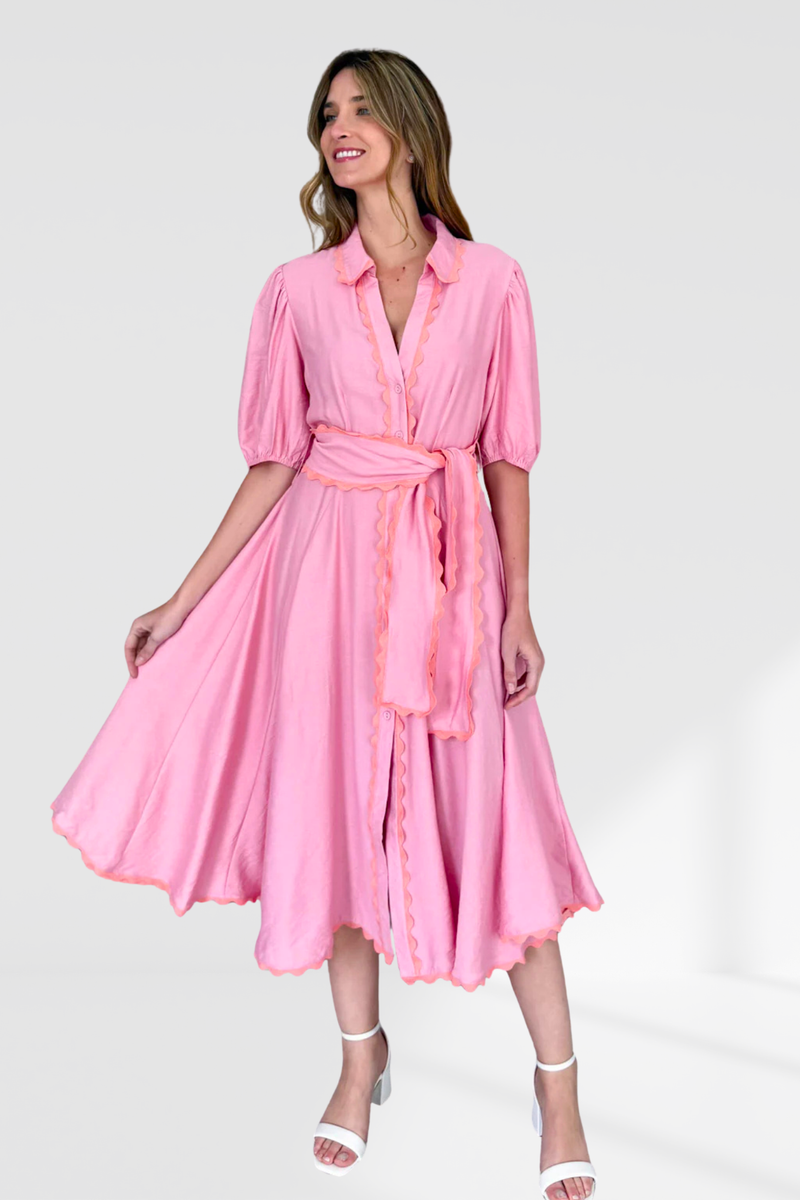 Lace Trim Godet Dress - pink