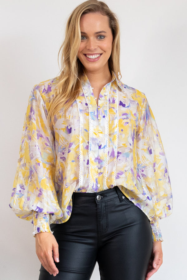 Citra Balloon Sleeve Top - Yellow Floral