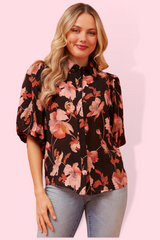 Libbie Puff Sleeve Shirt - Black/Orange Multi