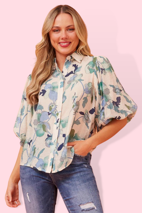 Libbie Puff Sleeve Shirt - Blue Multi