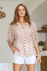 polka dot marbella gather sleeve detail button blouse 
- latte/chocolate