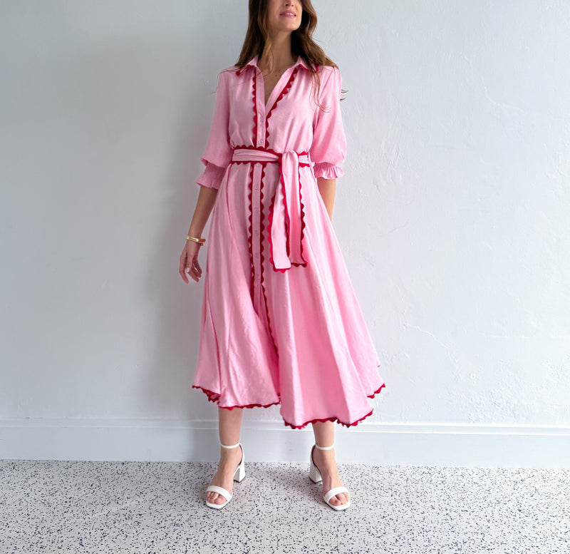 LACE TRIM GODET DRESS - PINK