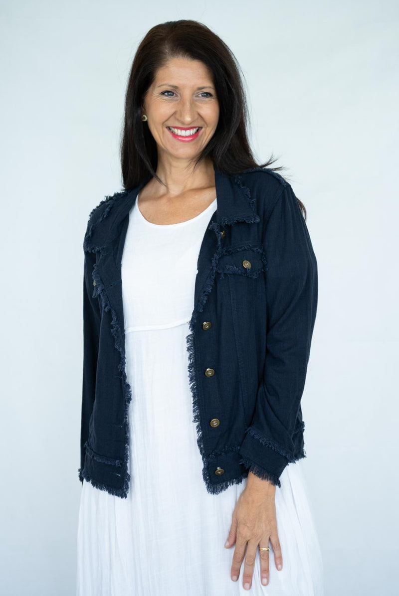 Becki Fringe Jacket - Navy Linen