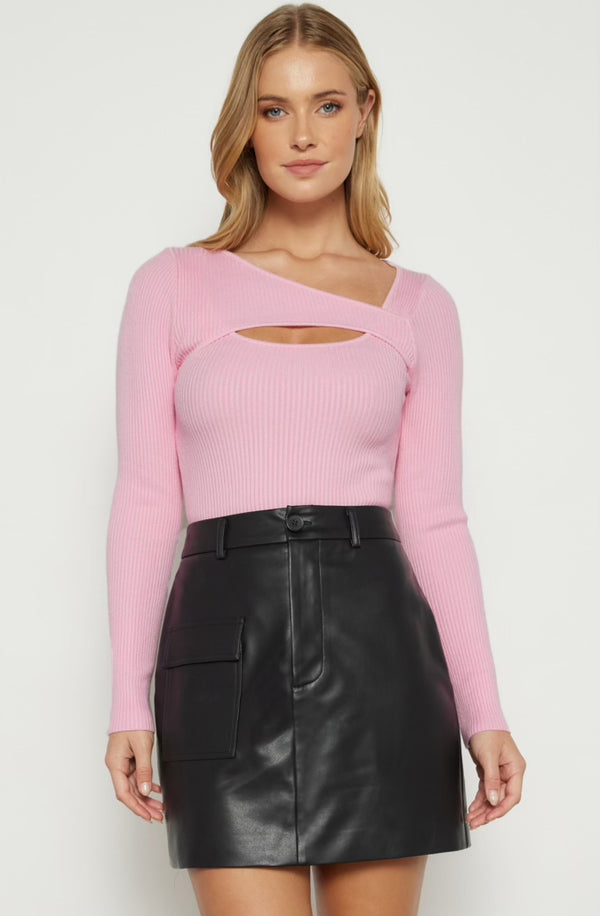 Asymmetric neckline knit top -pink