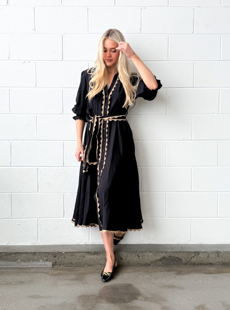 LACE TRIM GODET DRESS