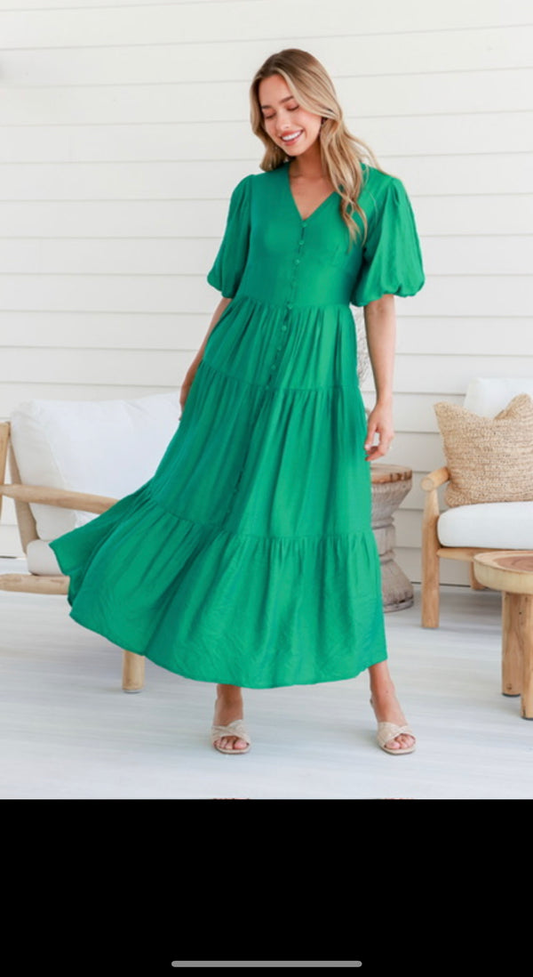 Layla button front puff sleeve maxi dress