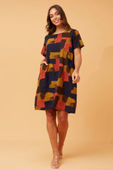 Abstract print dress -Navy