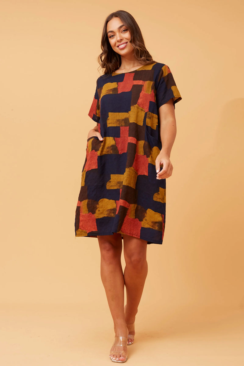 Abstract print dress -Navy