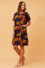 Abstract print dress -Navy