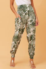 LEAF PRINT BOHO HAREM PANTS - GREEN