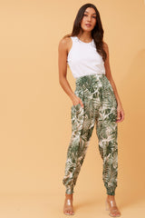 LEAF PRINT BOHO HAREM PANTS - GREEN