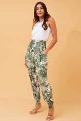 LEAF PRINT BOHO HAREM PANTS - GREEN