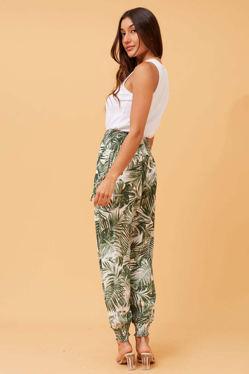 LEAF PRINT BOHO HAREM PANTS - GREEN