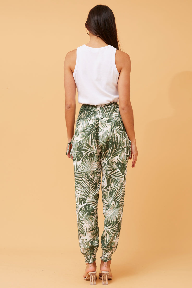 LEAF PRINT BOHO HAREM PANTS - GREEN