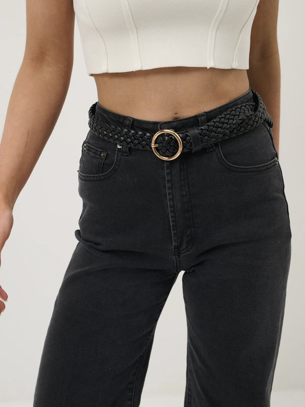Emma Braided Round Buckle Belt - black