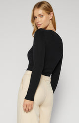 Bow Neckline Cut Out Detail Knit Top - Black