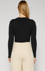 Bow Neckline Cut Out Detail Knit Top - Black