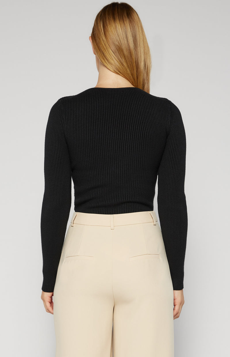 Bow Neckline Cut Out Detail Knit Top - Black