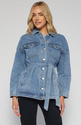 Button Up Denim Jacket with Belt and Pocket