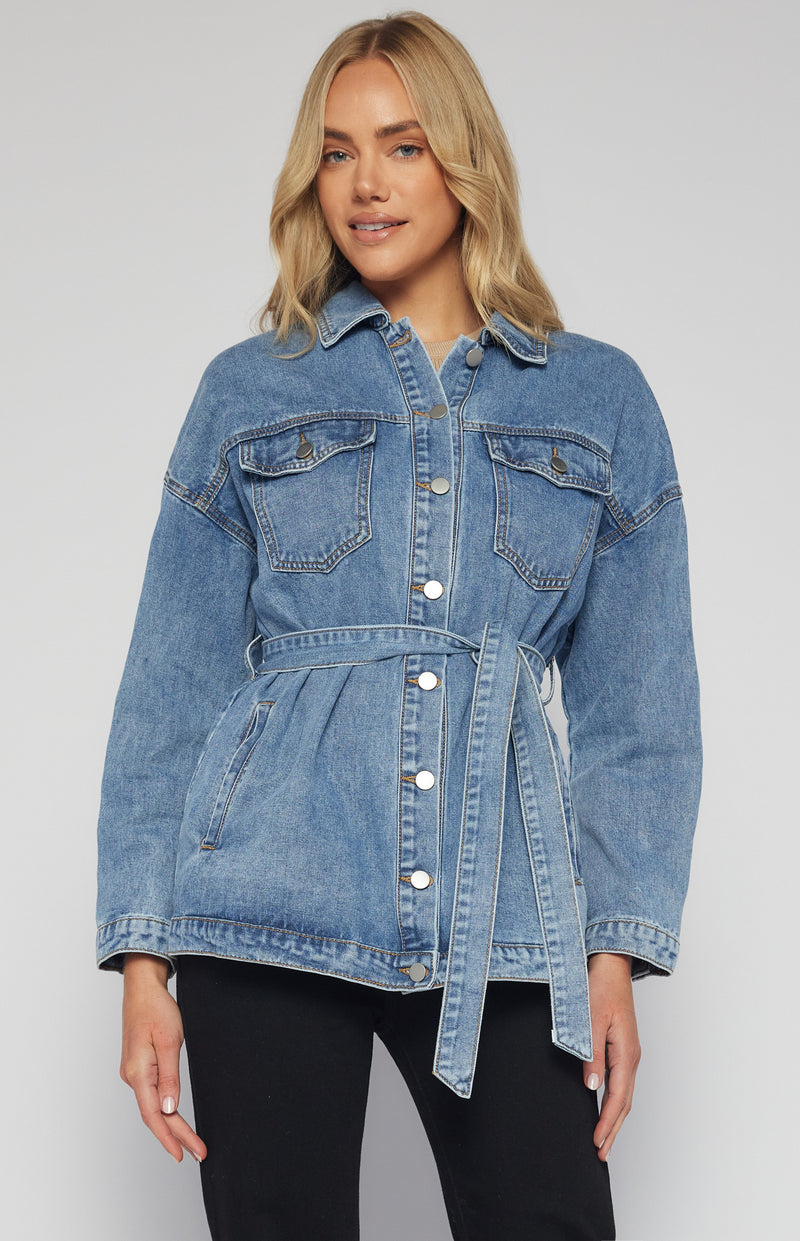 Button Up Denim Jacket with Belt and Pocket