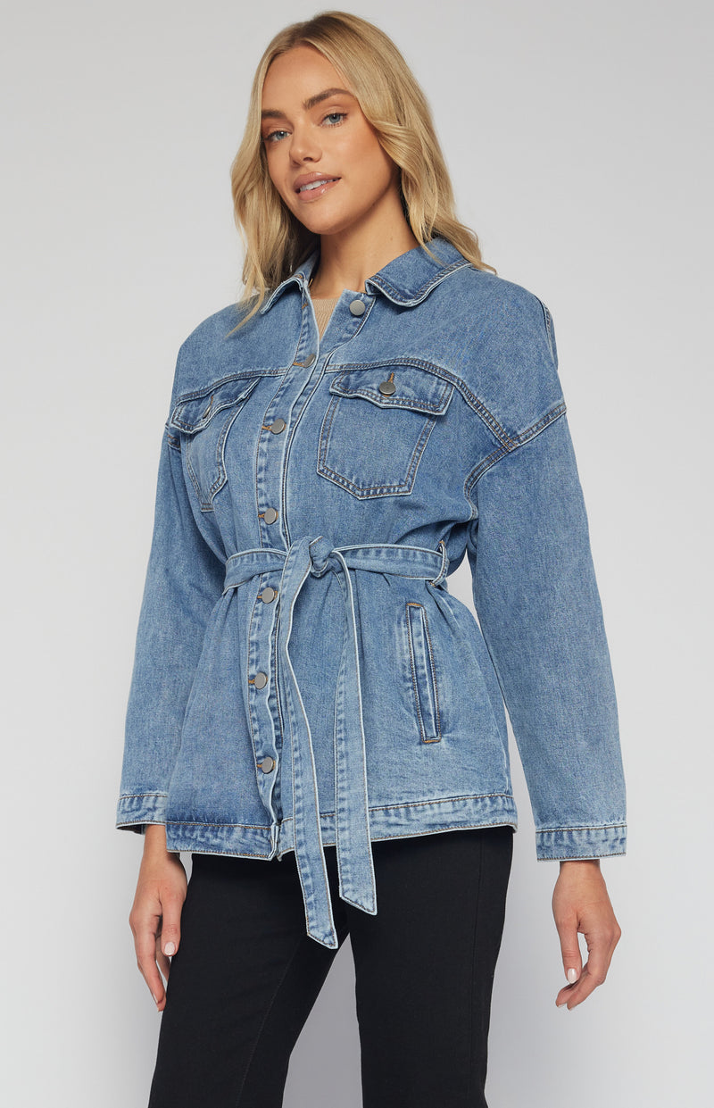 Button Up Denim Jacket with Belt and Pocket